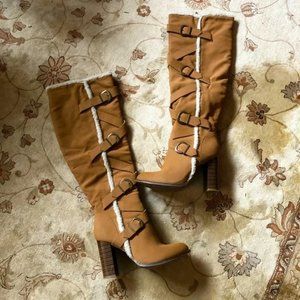 LYONAH | Tan & shearling stacked heel tall statement winter dress boot